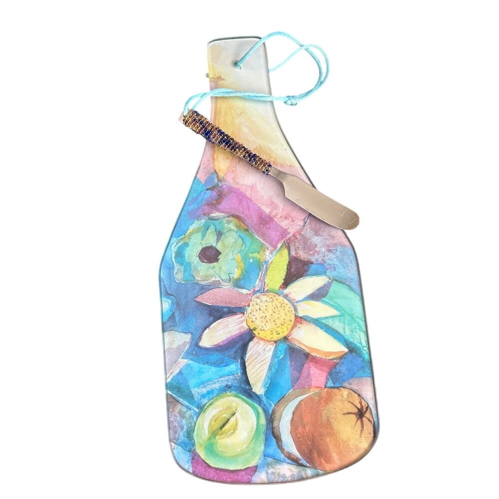 Artist made Glass Cheese Board  w/ knife. Original watercolor flower design